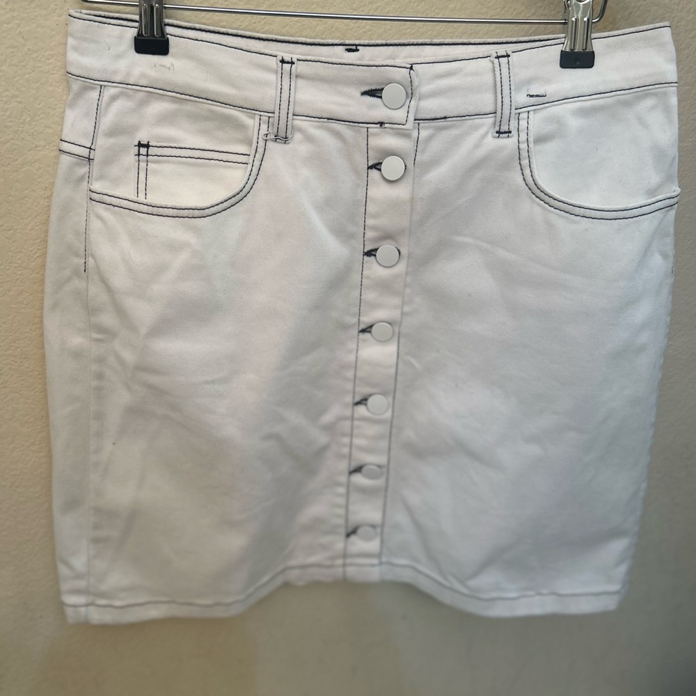 Italina White Button-Front Denim Mini Skirt